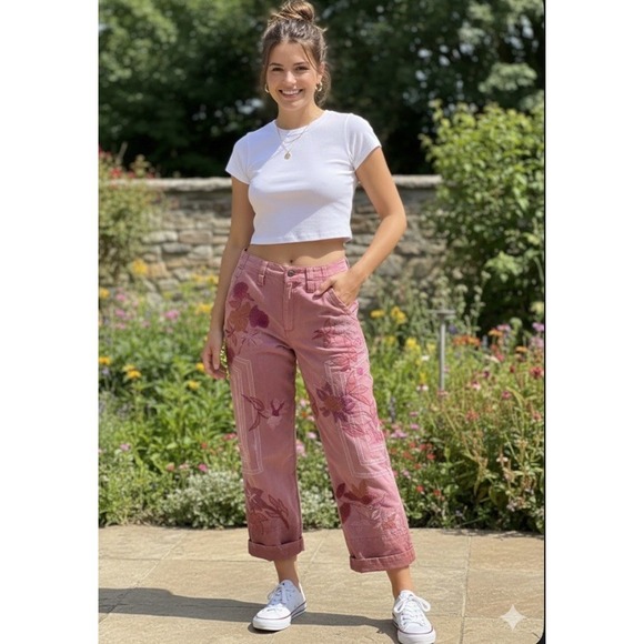 We The Free Pants - Free People We The Free Electric Sands Floral Embroidered Cropped Pants 8 Auburn